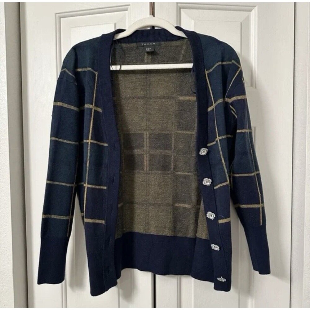 Tahari Women’s Windowpane Plaid Rhinestone Button Up Cardigan Sweater Size M